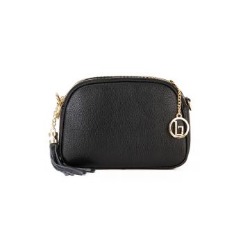 Geanta crossbody de piele cu buzunar cu fermoar - Negru