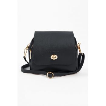Geanta crossbody de piele cu buzunare exterioare cu fermoar - Negru