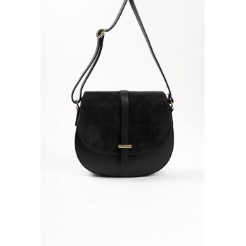 Geanta crossbody de piele cu insertii de piele intoarsa - Negru
