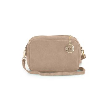 Geanta crossbody de piele intoarsa cu logo - Maro taupe deschis