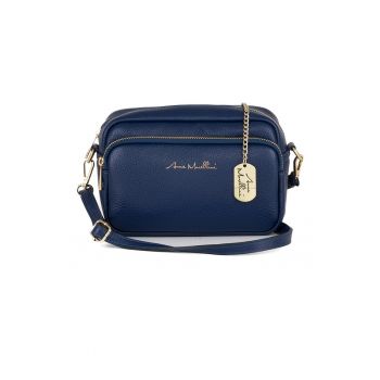 Geanta crossbody din piele cu buzunar frontal cu fermoar - Albastru inchis