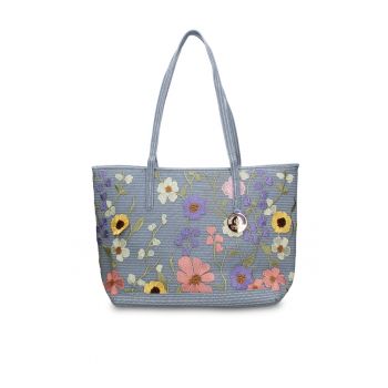 Geanta cu bareta de umar si detalii brodate Lumiflora - Albastru