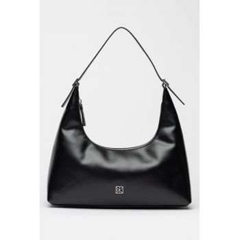 Geanta de piele cu bareta de umar si logo metalic - Negru