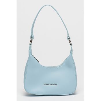 Geanta de piele ecologica cu bareta de umar si logo discret - Albastru pastel
