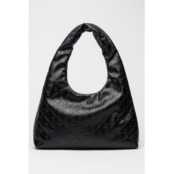 Geanta de piele ecologica cu bareta de umar si model monograma - Negru