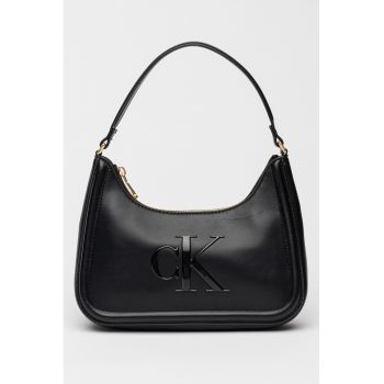 Geanta de piele ecologica cu imprimeu logo si bareta de umar - Negru