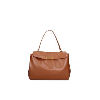 Geanta din piele cu bareta de umar Lyria - Maro cognac