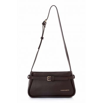 Geanta din piele ecologica cu bareta de umar si fermoar - Maro inchis - 14 x 25 x 6.5 CM