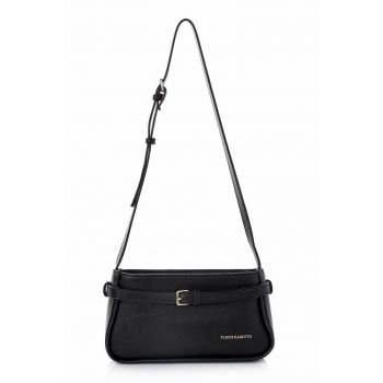 Geanta din piele ecologica cu bareta de umar si fermoar - Negru - 14 x 25 x 6.5 CM