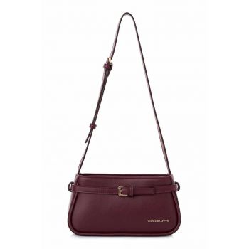 Geanta din piele ecologica cu bareta de umar si fermoar - Visiniu - 14 x 25 x 6.5 CM