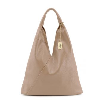 Geanta hobe de piele cu accesoriu logo metalic - Maro taupe deschis