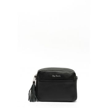 Geanta piele cu bareta de umar si canaf - Negru - 17 x 22 x 7 cm