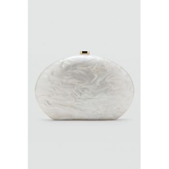 Geanta plic ovala cu bareta de lant - Alb fildes