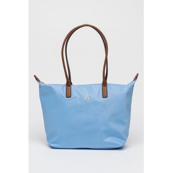 Geanta tote cu model monograma discreta Popette - Albastru pastel/Maro pamantiu