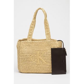 Geanta tote din rafie cu model impletit si logo - Galben pal