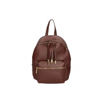 Rucsac din piele cu buzunar frontal cu fermoar - Maro