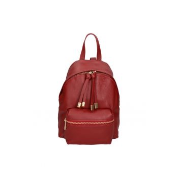 Rucsac din piele cu buzunar frontal cu fermoar - Rosu inchis