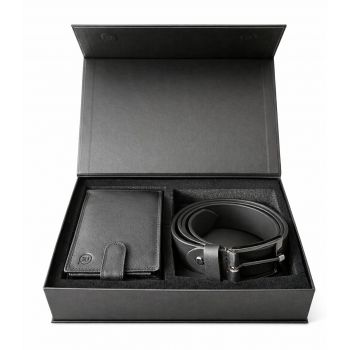 Set cadou pentru barbati, Portofel + Curea, piele naturala, model elegant, SET26, Negru
