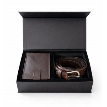 Set cadou pentru barbati, Portofel + Curea, piele naturala, model elegant, SET30, Maro