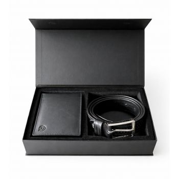 Set cadou pentru barbati, Portofel + Curea, piele naturala, model elegant, SET31, Negru