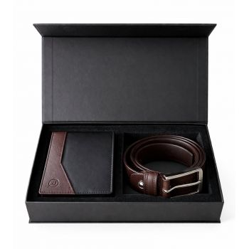 Set cadou pentru barbati, Portofel + Curea, piele naturala, model elegant, SET32, Maro/Negru
