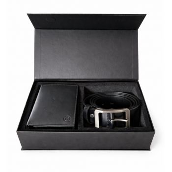 Set cadou pentru barbati, Portofel + Curea, piele naturala, model elegant, SET33, Negru/Negru