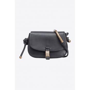 Geanta crossbody de piele cu clapa si detalii metalice - Negru