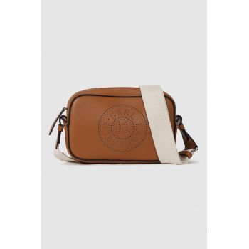 Geanta crossbody de piele cu logo - Caramel/Crem
