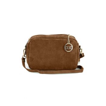 Geanta crossbody de piele intoarsa cu logo - Maro taupe inchis
