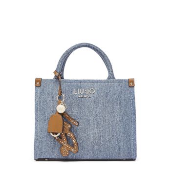 Geanta de denim cu bareta de umar si logo - Albastru deschis