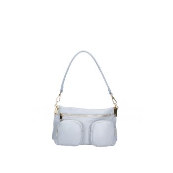 Geanta de piele cu bareta de umar si buzunare multiple - Albastru deschis