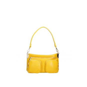 Geanta de piele cu bareta de umar si buzunare multiple - Galben