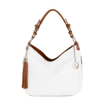 Geanta de piele cu bareta de umar si canaf - Alb/Maro cognac