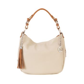 Geanta de piele cu bareta de umar si canaf - Maro cognac/Bej