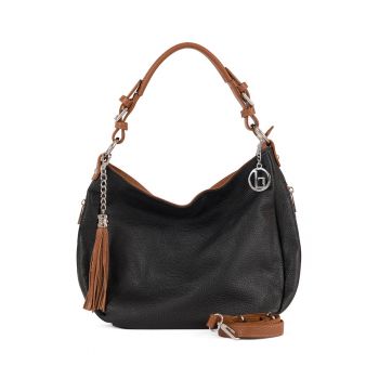 Geanta de piele cu bareta de umar si canaf - Maro cognac/Negru