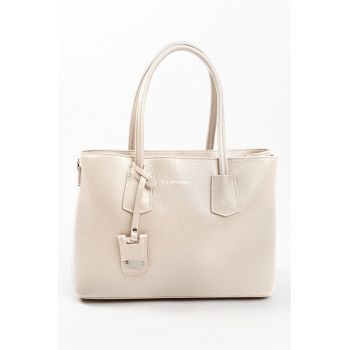 Geanta de piele cu bareta de umar si imprimeu logo - Bej