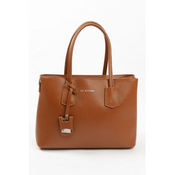 Geanta de piele cu bareta de umar si imprimeu logo - Caramel