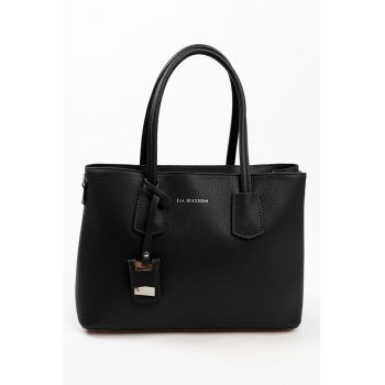 Geanta de piele cu bareta de umar si imprimeu logo - Negru