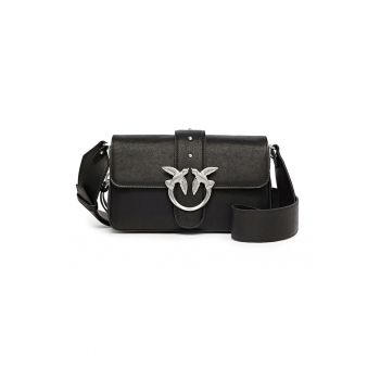 Geanta de piele cu bareta de umar si logo metalic - Negru