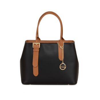 Geanta de piele cu bareta de umar si picioruse metalice - Maro cognac/Negru