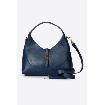 Geanta de piele cu bareta detasabila de umar - Albastru inchis