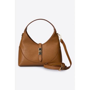 Geanta de piele cu bareta detasabila de umar - Caramel