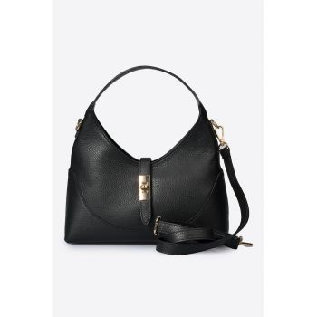 Geanta de piele cu bareta detasabila de umar - Negru