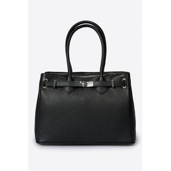 Geanta de piele cu bareta detasabila de umar - Negru