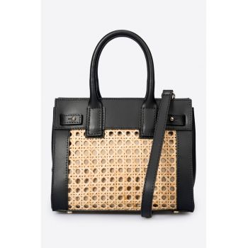 Geanta de piele cu bareta detasabila si maner - Negru/Bej