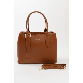 Geanta de piele cu maner si imprimeu logo - Caramel