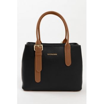 Geanta de piele cu maner si imprimeu logo - Negru/Caramel