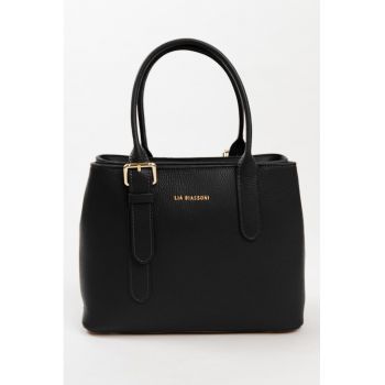 Geanta de piele cu maner si imprimeu logo - Negru