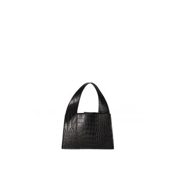 Geanta de piele cu maner si model reptila - Negru