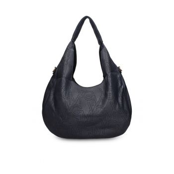 Geanta de piele ecologica cu bareta si monograma Silvana - Albastru inchis